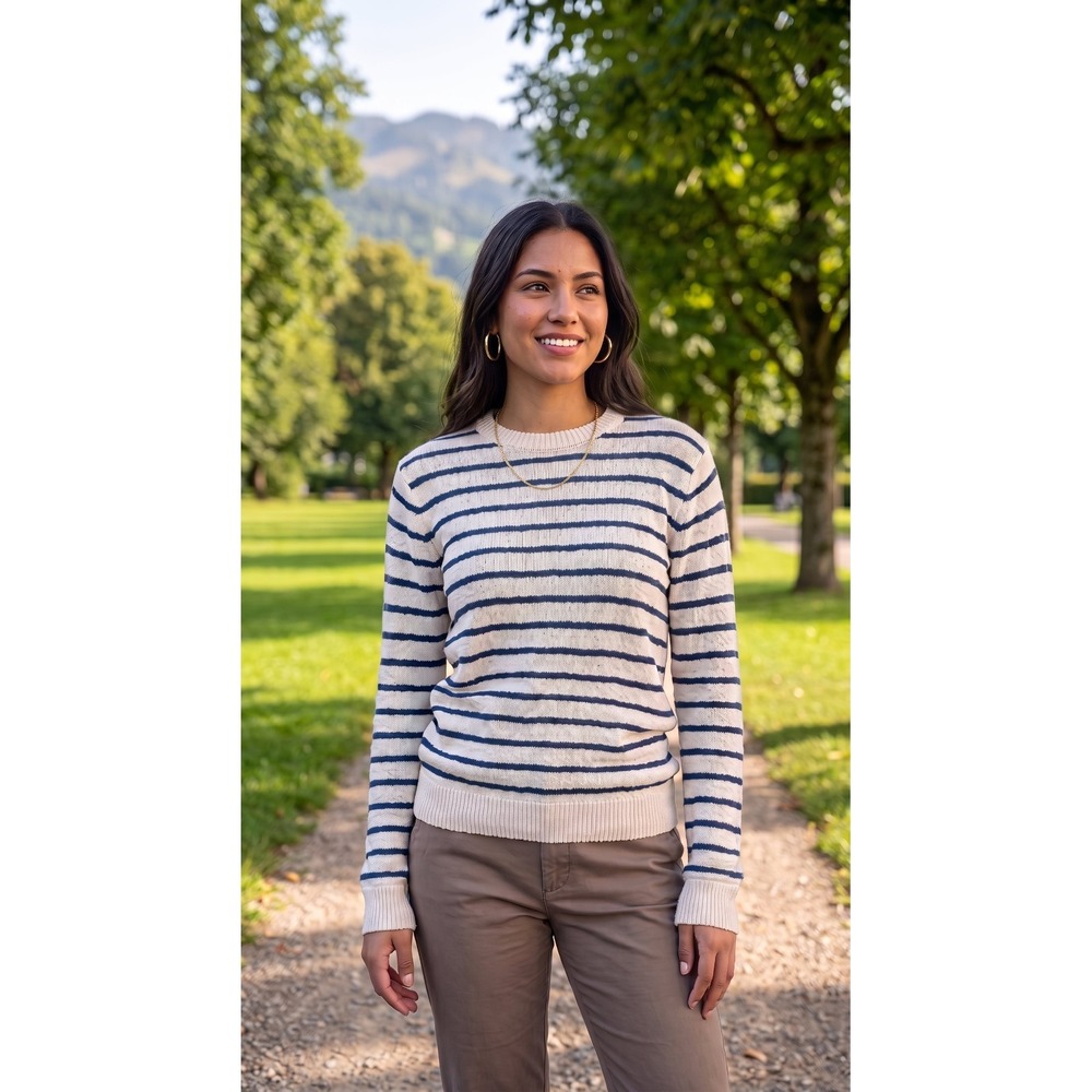 Faherty Brand Striped Crewneck Sweater Cream Navy Blue Nautical Knit Womens M
